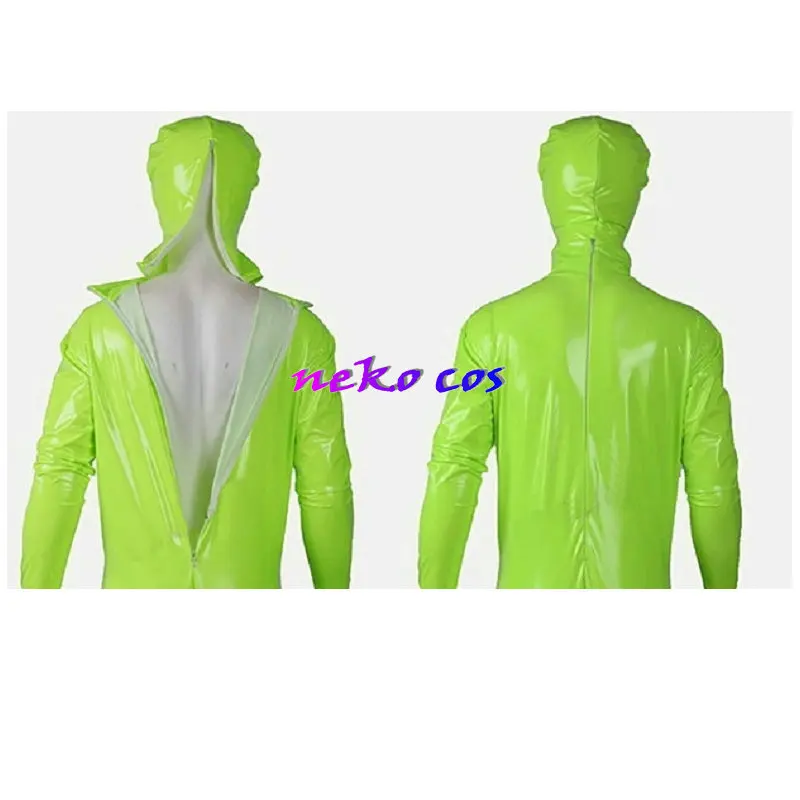 All In One-Overall Bodysuit+mask  Fluorescent green  Four sided elastic PU leather  customized size Cosplay Costume