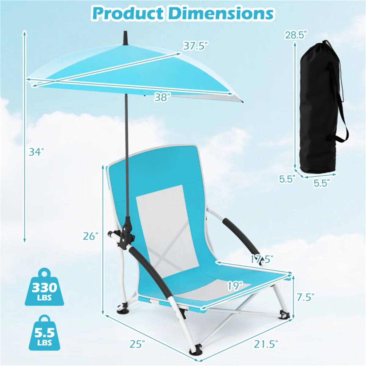 

2 Pack Blue Umbrella Chair for Adults with Adjustable Parasol，Portable Backpack Beach Chair