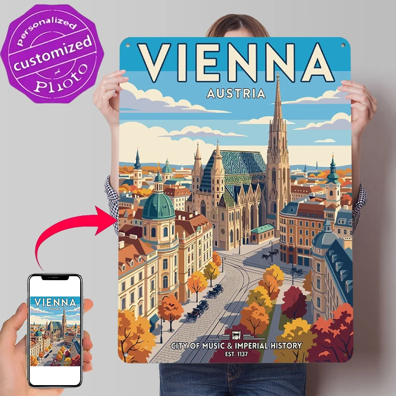Wien Stadtansicht Vintage Metallposter Personalisierte Wandkunst Retro Vintage Metallschilder für Männerhöhle Ästhetische Raumdekoration Herrenheim