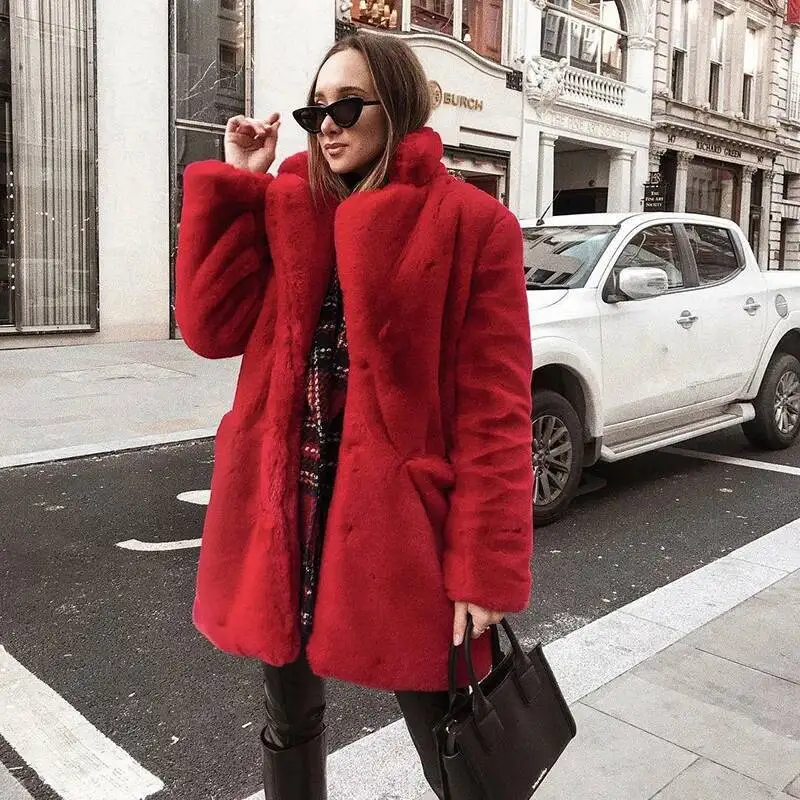 معطف نسائي متوسط الطول من الفرو الصناعي، معطف شتوي من القطيفة بمقاس كبير، سترة منفوشة بطية صدر السترة، ملابس خارجية برتقالية للسيدات، بلوزة غامضة #4