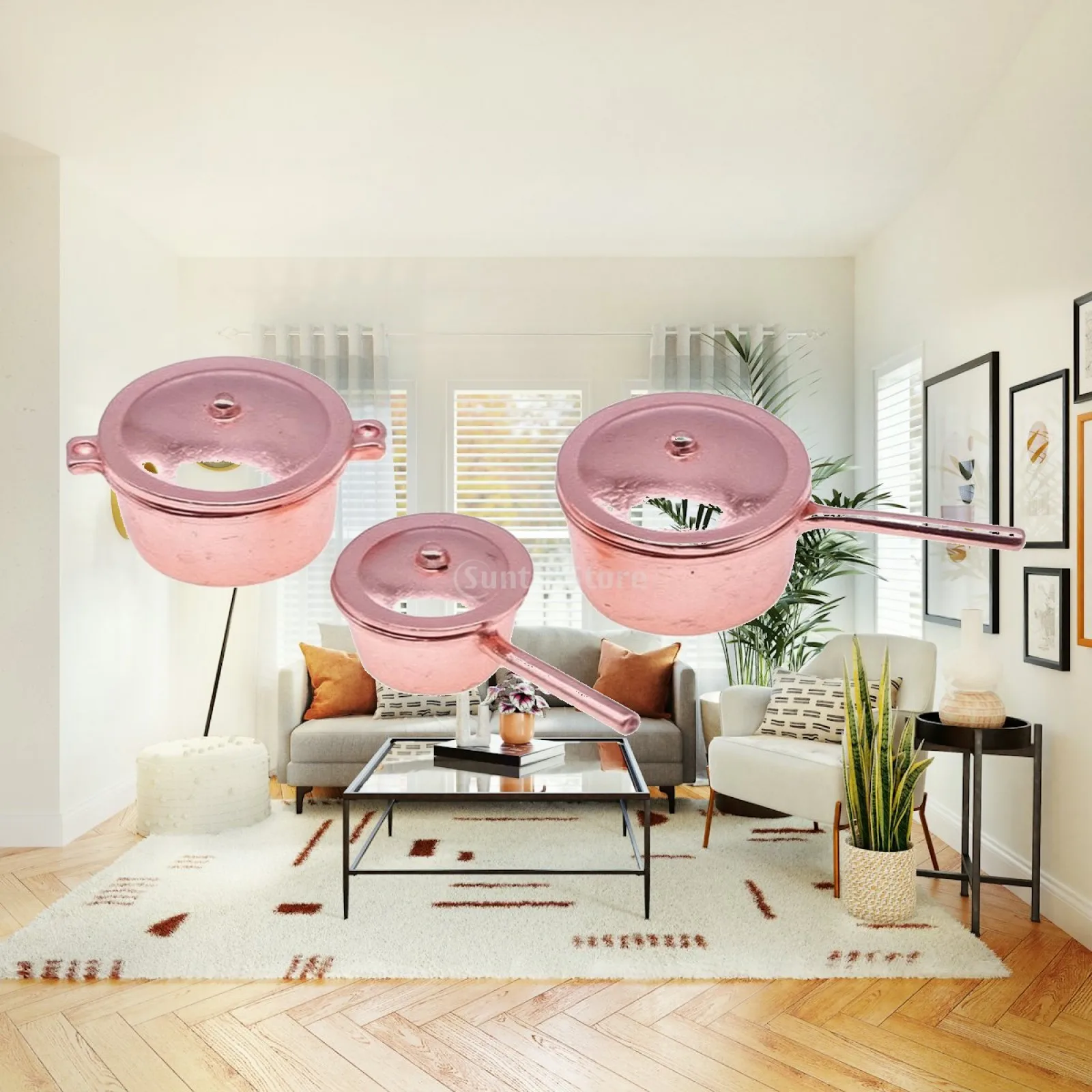 3 Pieces Copper-Toned Miniature Cookware Set Cute Metal Dollhouse Pots with Lids Dollhouse Cooking Set Vivid for Diorama Makers