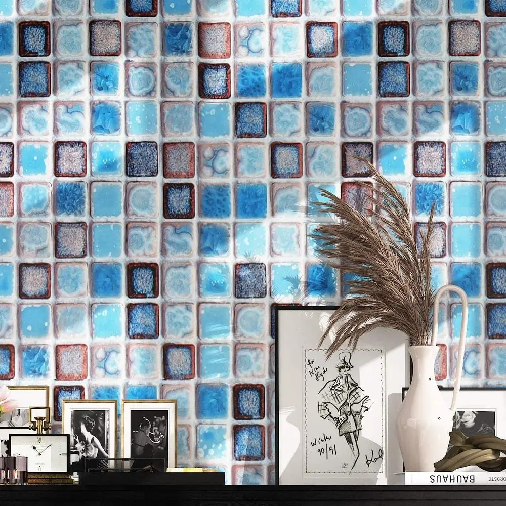 Bathroom Shower Wall Decorative Contact Paper Self Adhesive Kitchen Backsplash Tiles Peel and Stick Removable Blue Mosaic 15.8x7