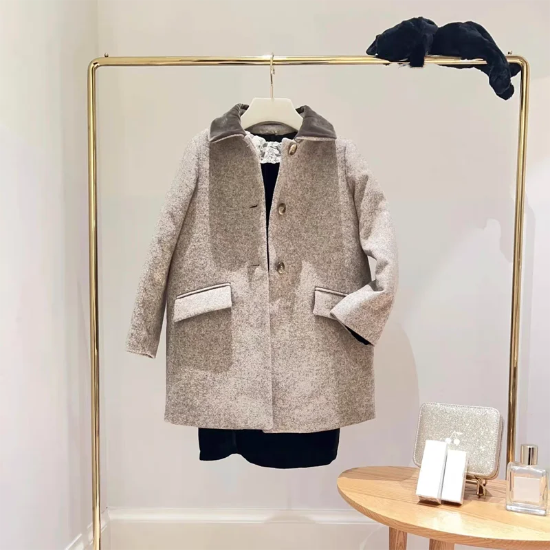 

In Stock 2025 Autumn Winter BP Baby Girls Padded Temperament British Style Coat with Brown Collar Fashion Winter Girl Wool Coat