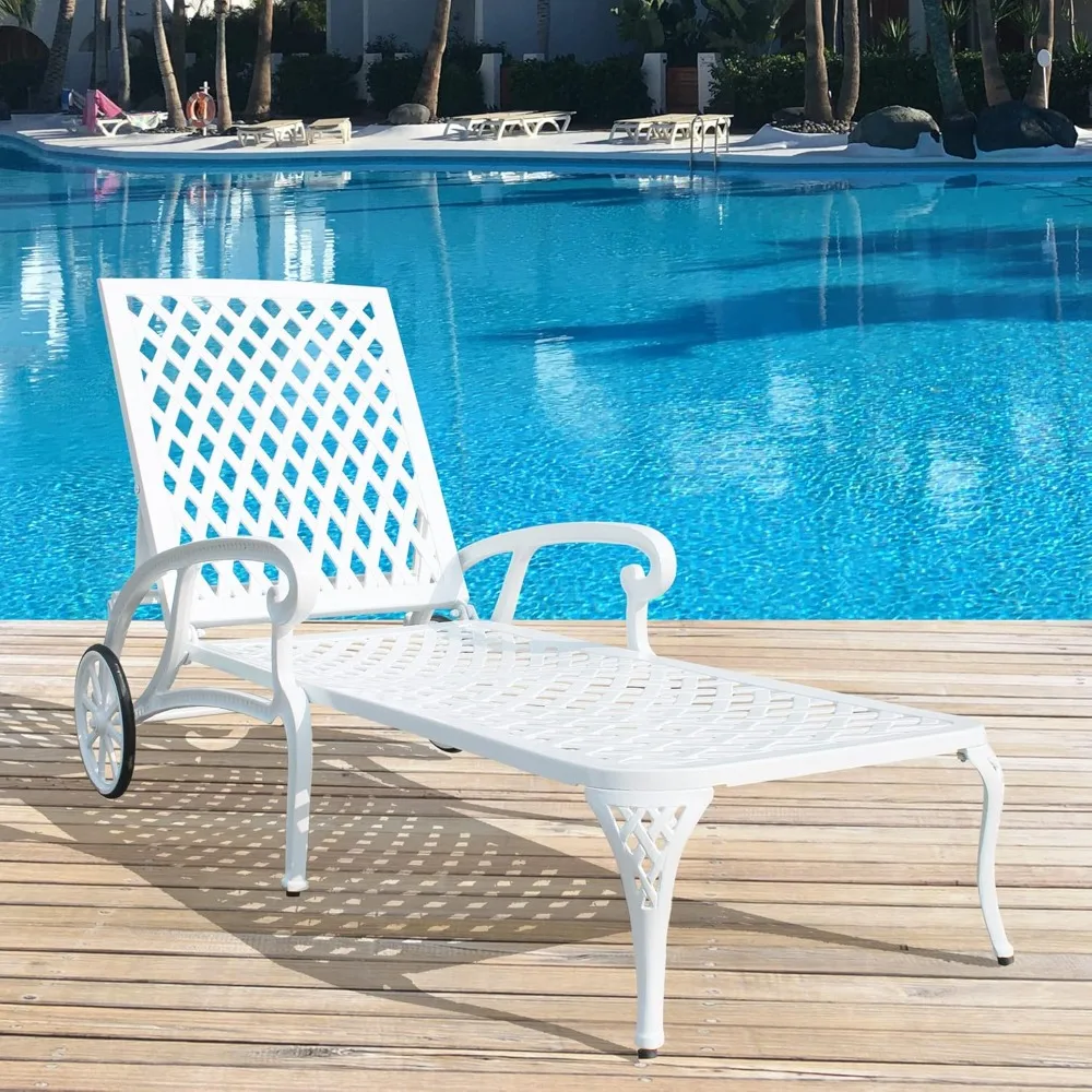 

Chaise Lounge Chair Outdoor, Poolside Lounger Outside Cast Aluminum Tanning Chairs with Adjustable Backrest and Moveable Wheels