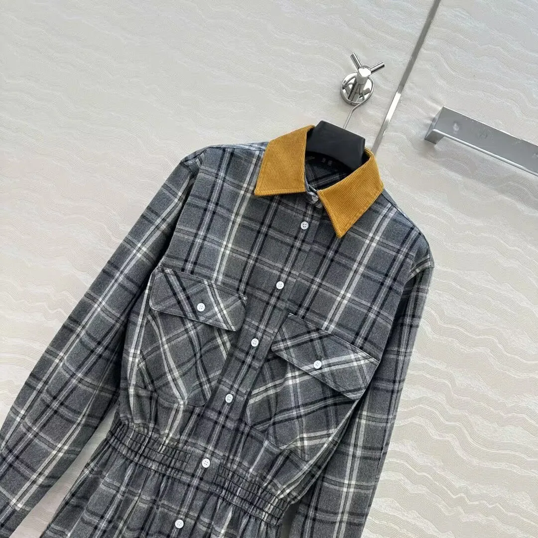 Preppy Style Vintage Grau Kariertes Minikleid Damen Cord Gespleißtes Revers Langarm Vordertaschen Elastische Taille Hemdkleider