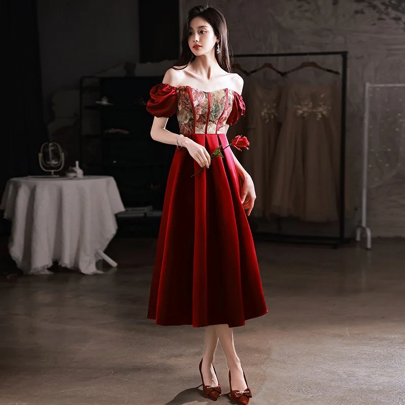 

Burgundy Sexy Square Collar Puff Sleeve Back Zipper A-Line Evening Dress Women Formal Gowns Robe De Soiree Cheongsam