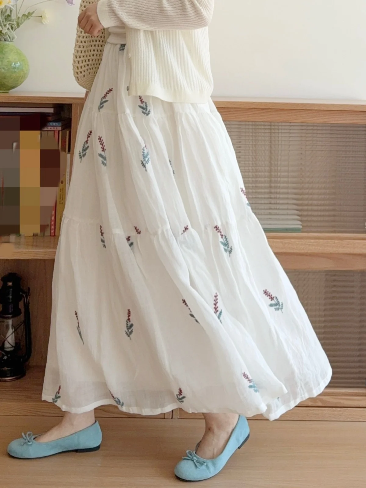 

Юбка-миди Ele с высокой талией, женская летняя хлопково-льняная прозрачная юбка трапециевидной формы с вышивкой, французская юбка свободного покроя