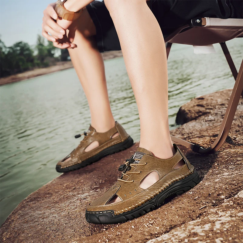 

Летняя мужская повседневная обувь из спилка, удобные уличные мужские кожаные сандалии, дышащая мужская качественная пляжная обувь с ручным сшивкой