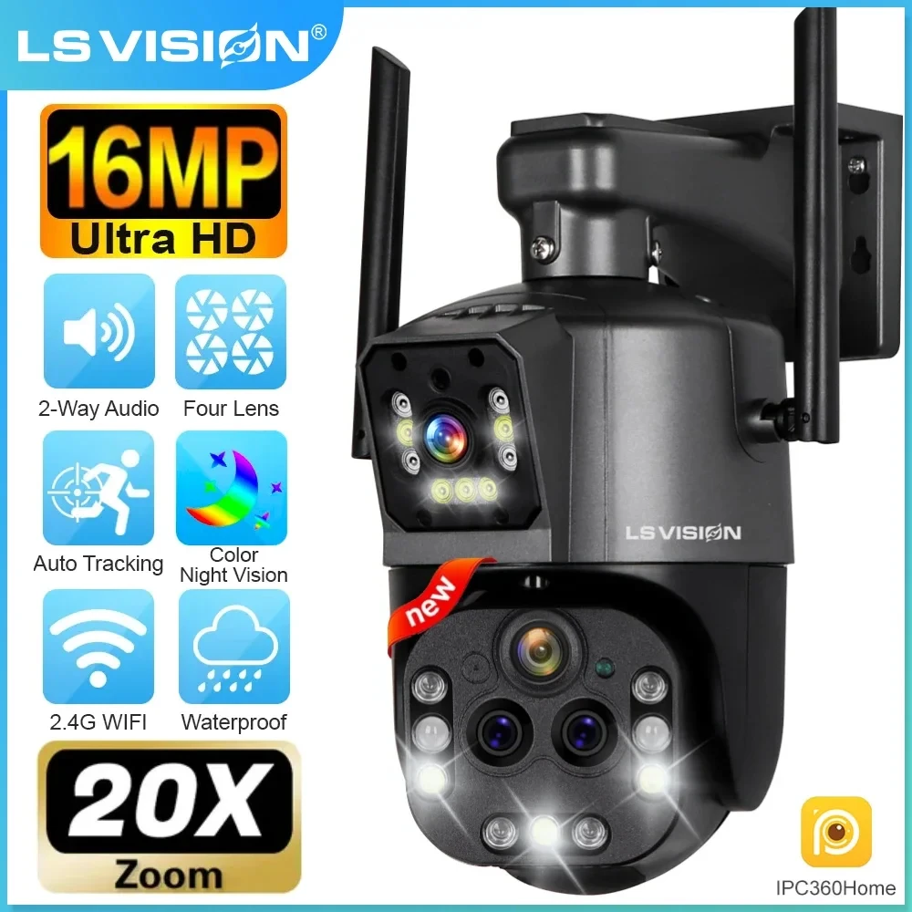 LS VISION 8K 20x ซูม WiFi Security กล้องกลางแจ้ง 4K Dual หน้าจอการติดตามอัตโนมัติ WiFi กล้องเฝ้าระวังกล้องวงจรปิด 360 ° กล้อง PTZ IP