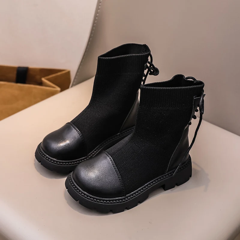 

Spring Autumn Children's Ankle Boots Black Classic Girls Patchwork Leather Boots Fashion Versatile Platform Kids School Boots