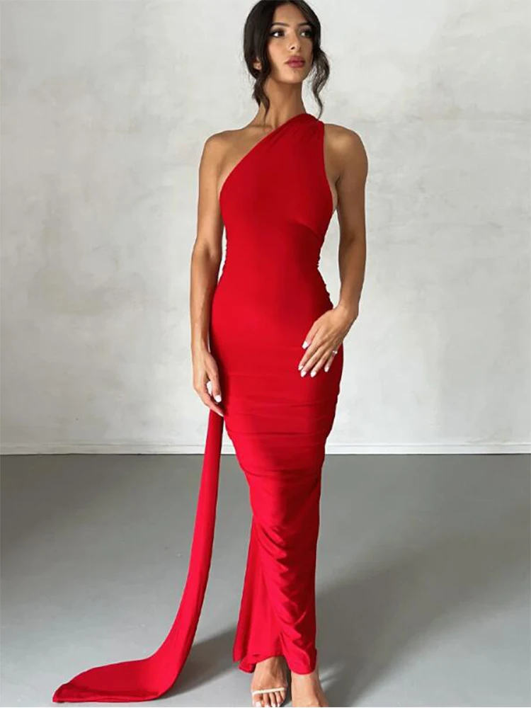 Elegant Sexy Women Off The Shoulder Sleeveless Backless Pleated Ribbon Bodycon Evening Party Club Summer Maxi Dresses