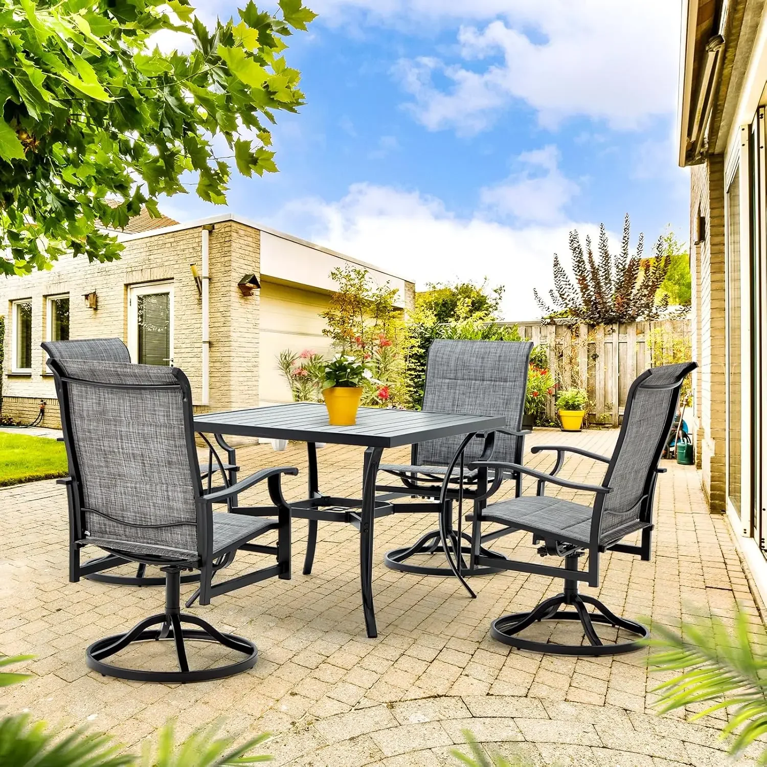 Patio Dining Set for 4, Outdoor Dining Set with 4 Piece Swivel Rocking Patio Chairs, 1 Piece Metal Table with 2'' Umbrella Hole