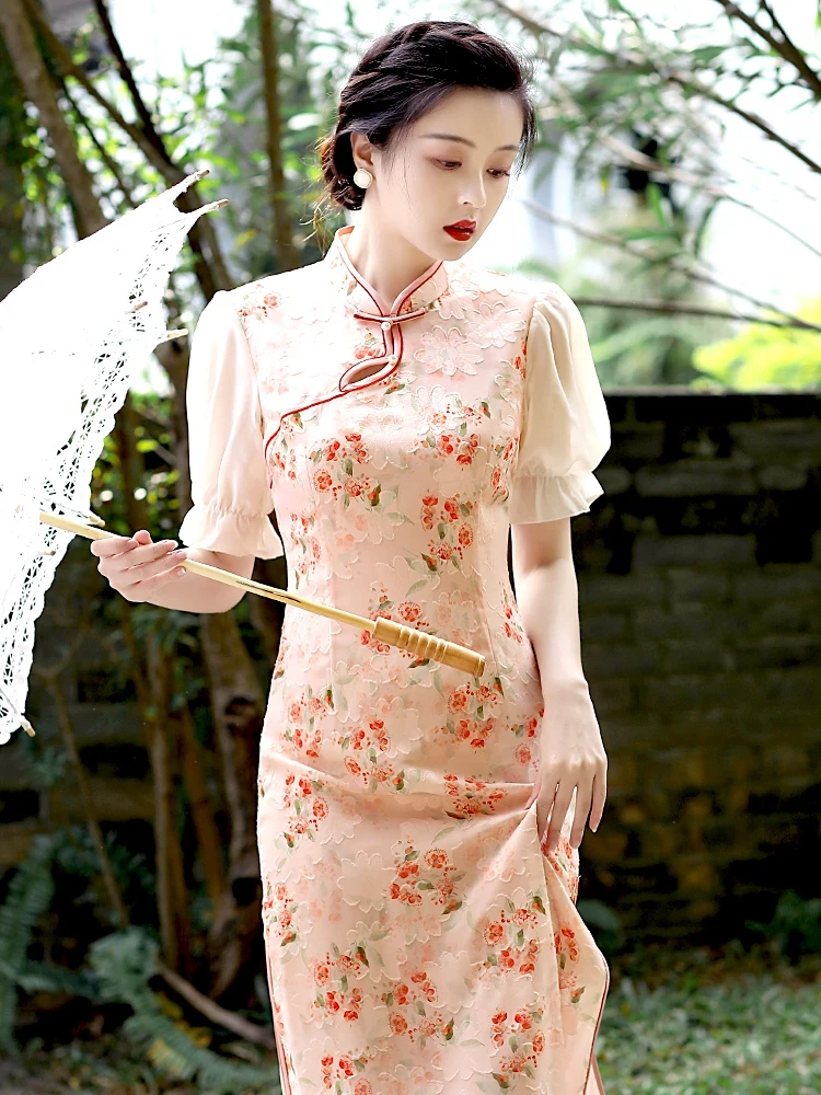 Short Sleeve Summer New Fairy Style Mid-Length Cheongsam Dress Elegant Retro Daily Wearable Republic of China