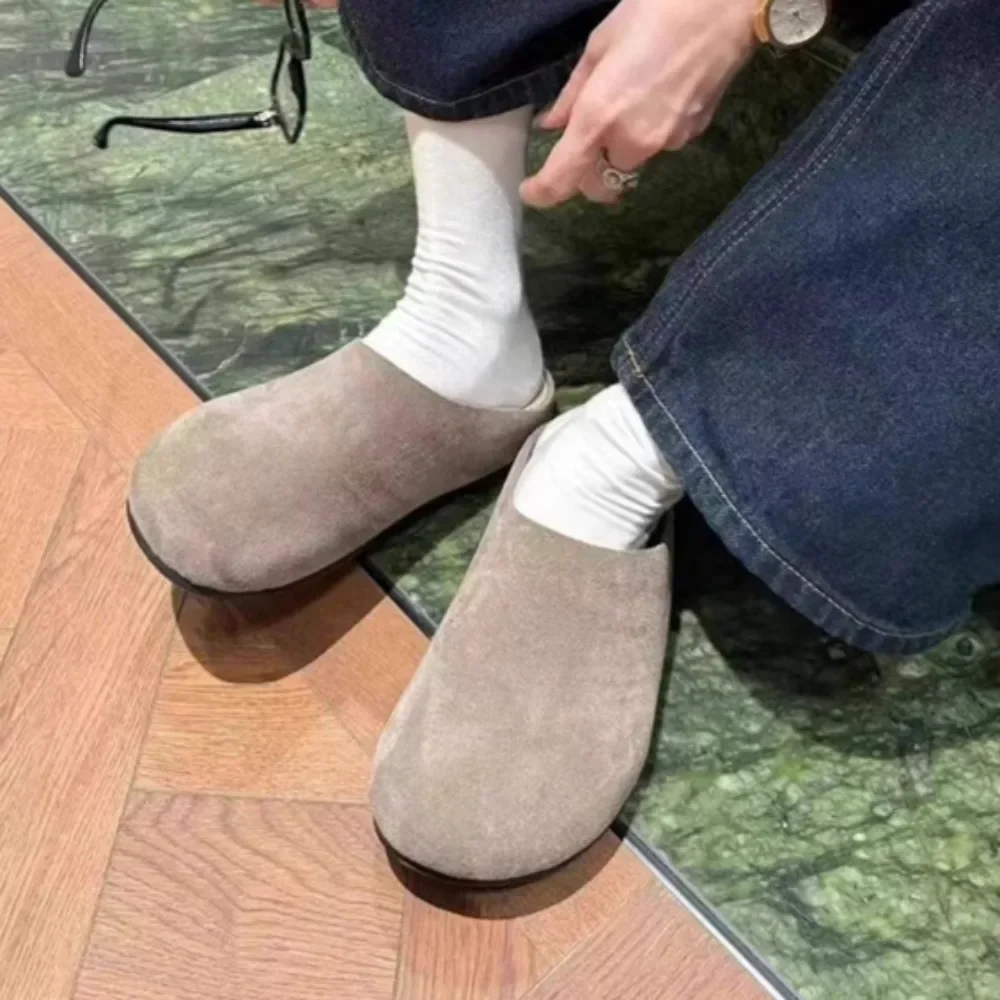 Genuine Leather Slippers Women Outside Baotou Half Slippers Female Cow Suede Leather Women Slippers Flat Bottomed Sandals Women