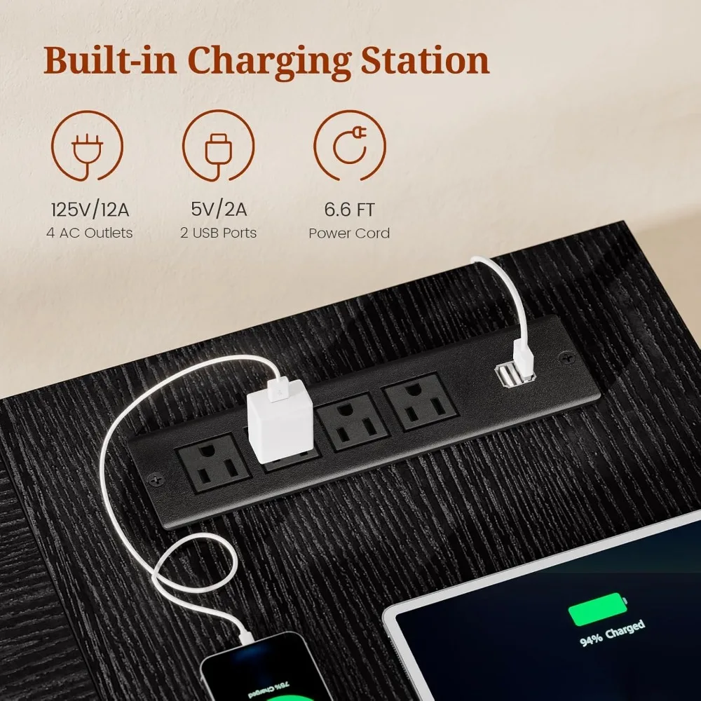 مكتب تنفيذي ممتاز 55.9 بوصة مع منافذ طاقة، مكتب منزلي حديث مع خزانة تخزين، مكتب كمبيوتر خشبي للأعمال #3