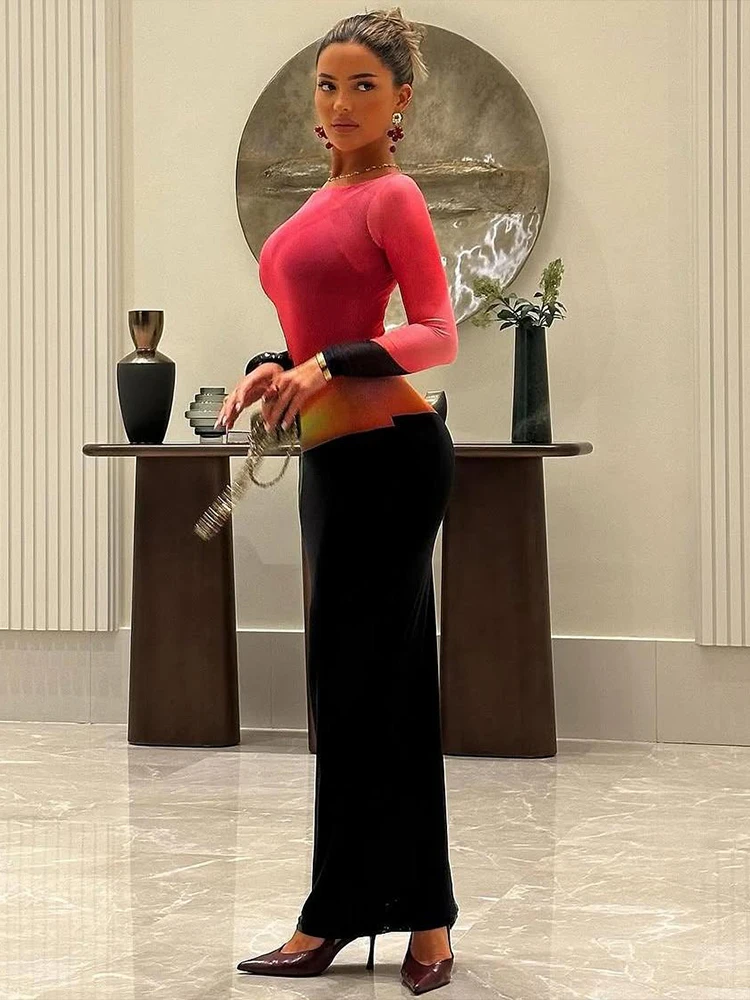 Sisterlinda Farbverlauf Kleid Frauen Sexy Patchwork oansatz Volle Hülse Pfirsich Hüfte Elegante Einfache Abend Prom Party Bodycon