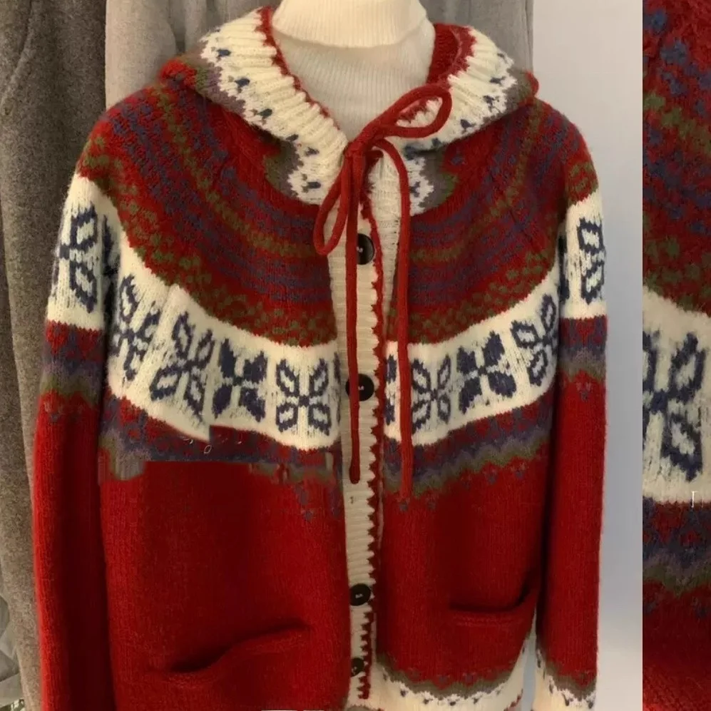 

Новинка LZoo: Женский свободный кардиган с капюшоном в стиле Fair Isle, красный, с длинными рукавами, для создания праздничной атмосферы