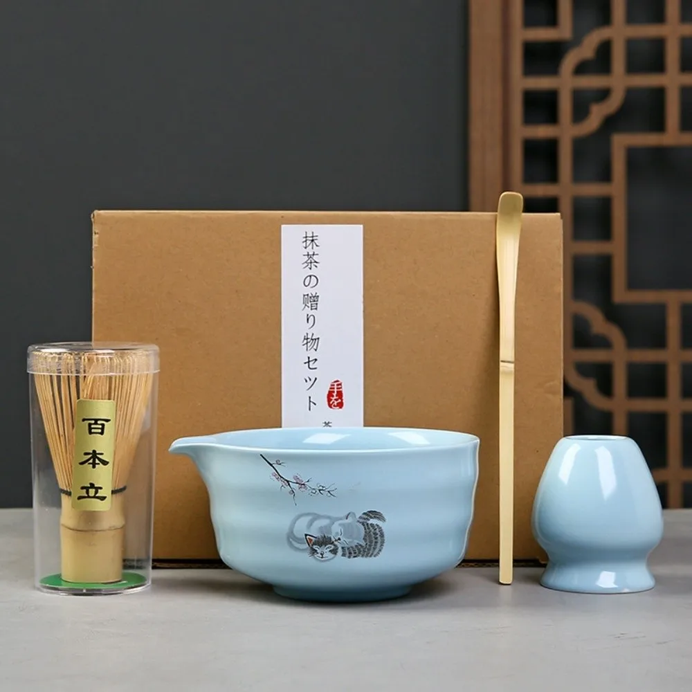 

4PCS Ceramic Bamboo Japanese Matcha Tea Set Matcha Whisk Holder Matcha Bowl Matcha Making Kit Reusable Whisk Teaspoon Tea Sets