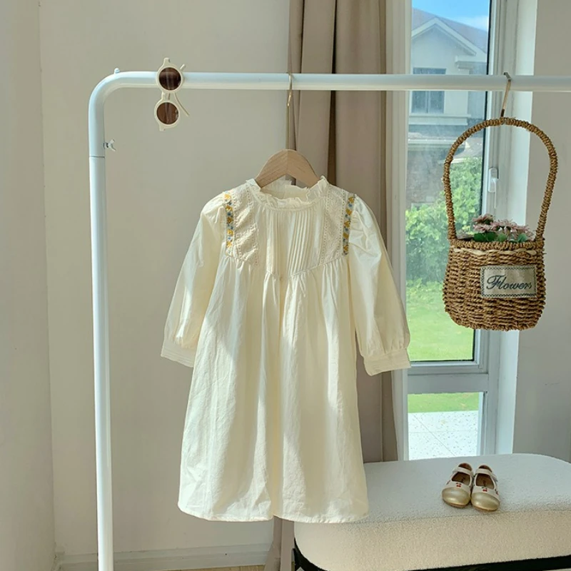 2025 Autumn Girls Dress - Mandarin Collar Embroidery Floral Long Sleeve Tiered Ruffle Princess Garden Party Dress 2-7Y