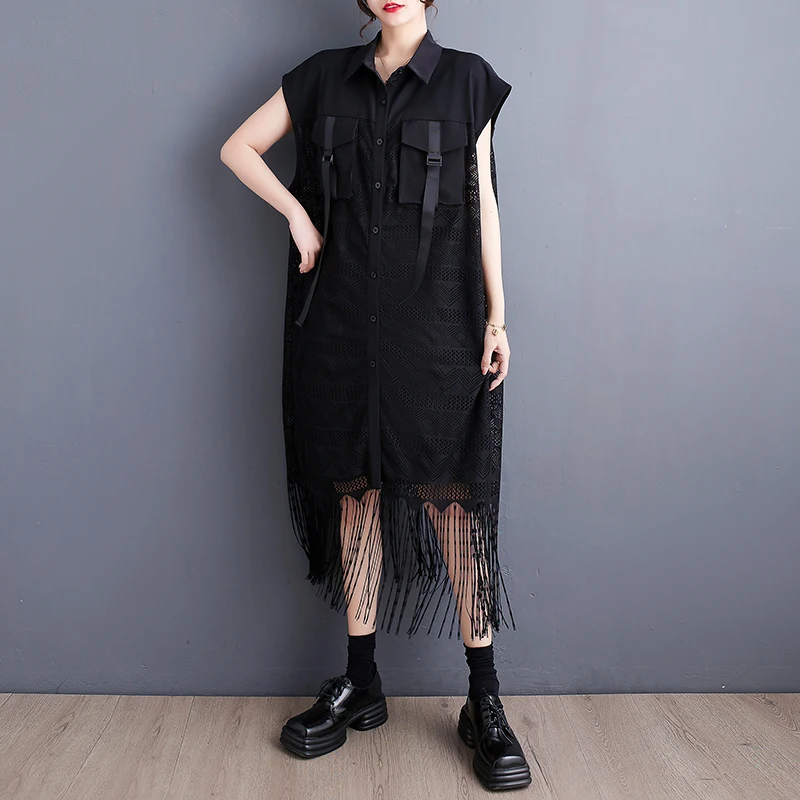 Hong Kong Sle dentelle irt Dr Color Blo Me épissure ort Sve jupe longue fermeture à bouton unique trajet taille ample De...