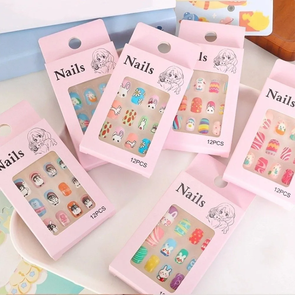 

Snowflake Snowman Children Christmas False Nails Bowknot Short Square Shaped Cartoon Fake Nails Bunny Flower