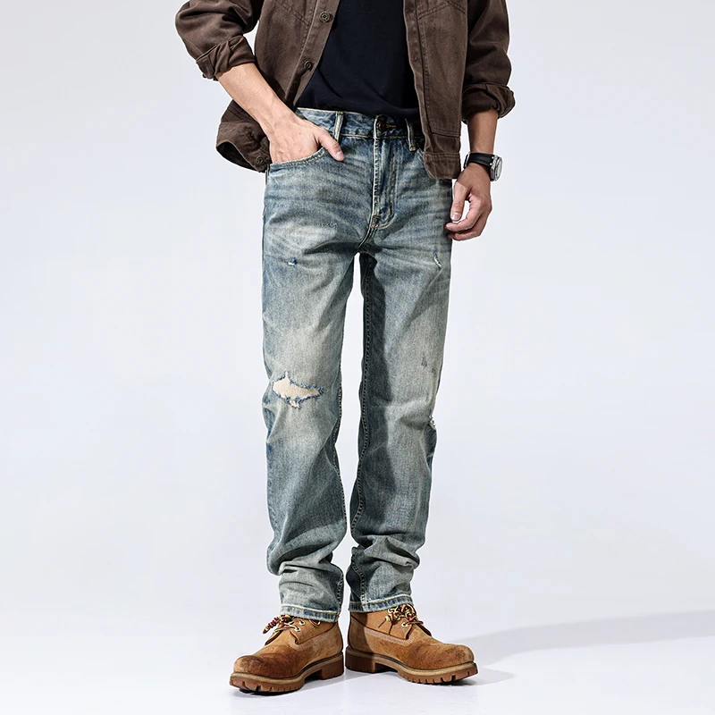 

American Retro Patchwork Jeans for Men - Spring Stretch Regular Straight-Leg Heavyweight Washed Denim Pants Streetwear Style
