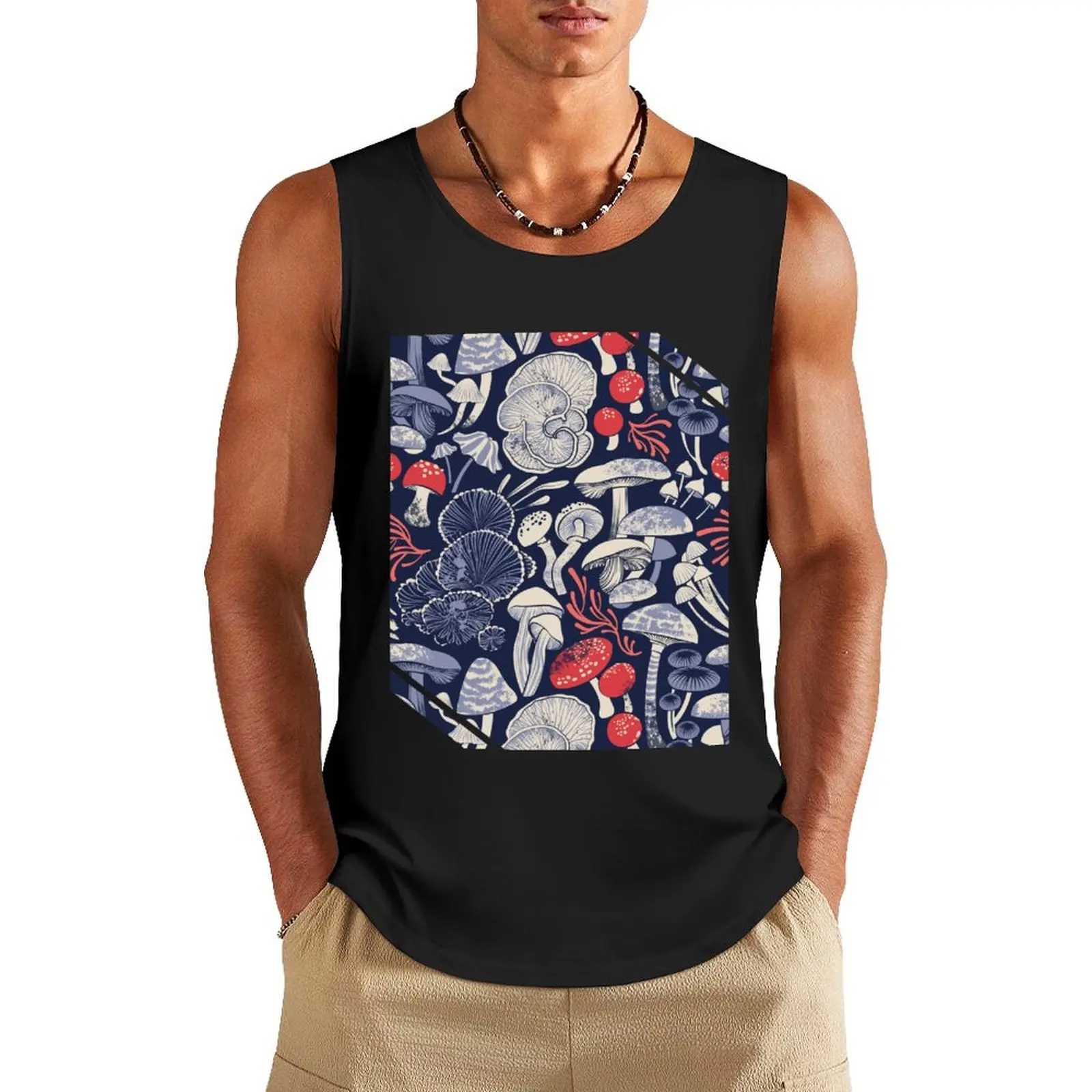 Mystical fungi // midnight blue background ivory pale blue coral and red wild mushrooms Tank Top Vest Clothing Sports clothing