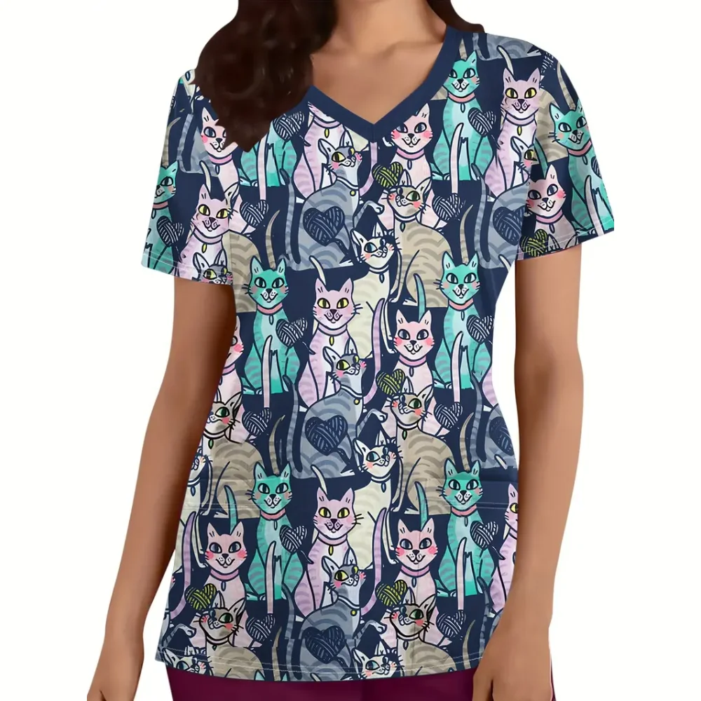 แมวน่ารักพิมพ์ขัดทางการแพทย์ผู้หญิง Microstretch V คอทันตกรรมพยาบาลลําลองเสื้อแขนสั้นสปา Vet ผู้หญิง Medical Uniform
