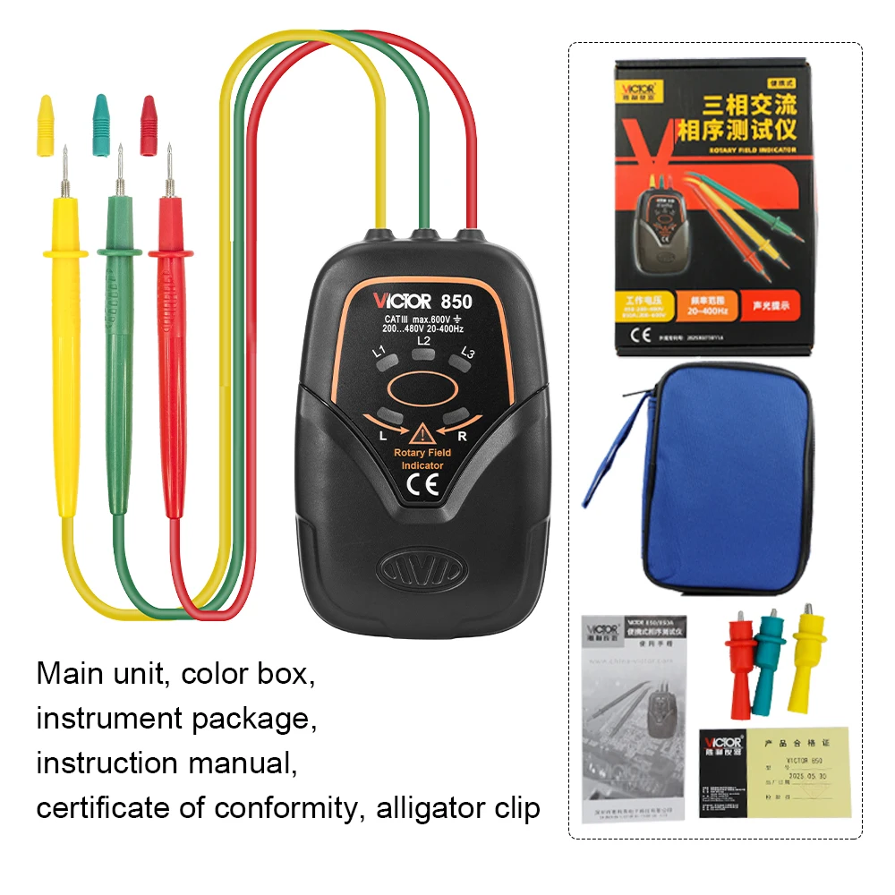 THREE-PHASE PHASE SEQUENCE TESTER maximum voltage is AC 600v and frequency range is 20 to 400Hz THREE-PHASE tester 850