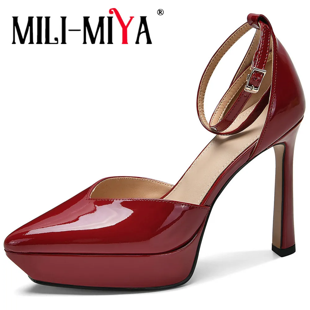 

MILI-MIYA Classic Two-Piece Women Cow Leather Pumps Ankle Wrap Pointed Toe Super High Thin Heels Buckle Strap Dress Party Shoes