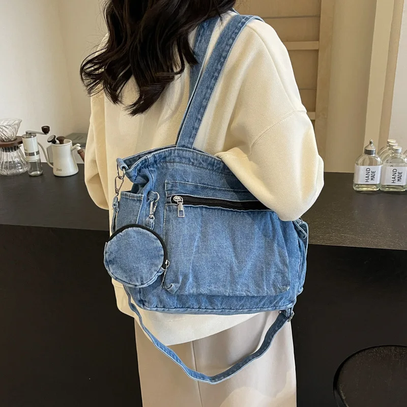 محفظة نسائية كاجوال من قماش الدنيم المتين بلون سادة، قلادة، يد، كتف، حقيبة كروس ذات سعة كبيرة #1