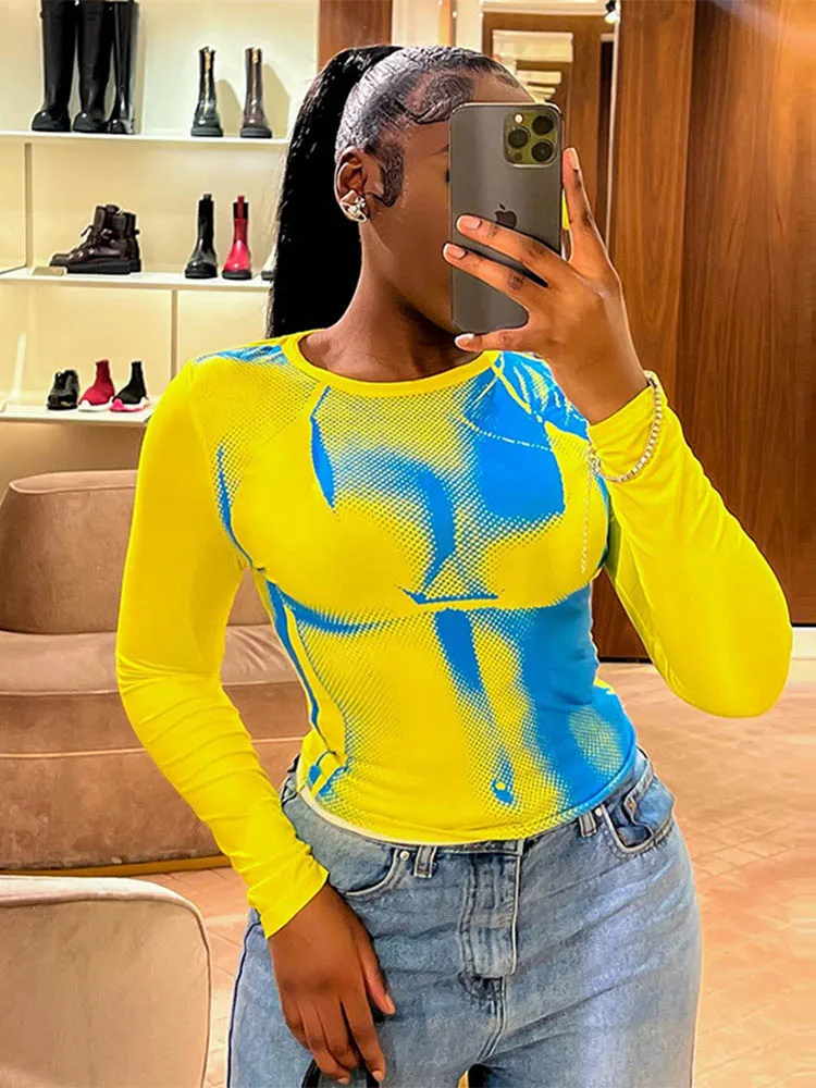 تي شيرت نسائي قصير مطبوع عليه الجسم لخريف وربيع Y2K موضة كورية بأكمام طويلة ورقبة دائرية تي شيرت ضيق ملابس الشارع
