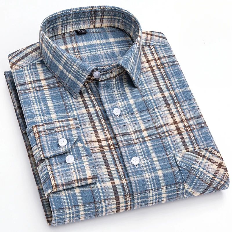 New in shirt 100%cotton brushed long sleeve shirts for man slim fit formal plain shirt soft plaid casual tops elegant clothes