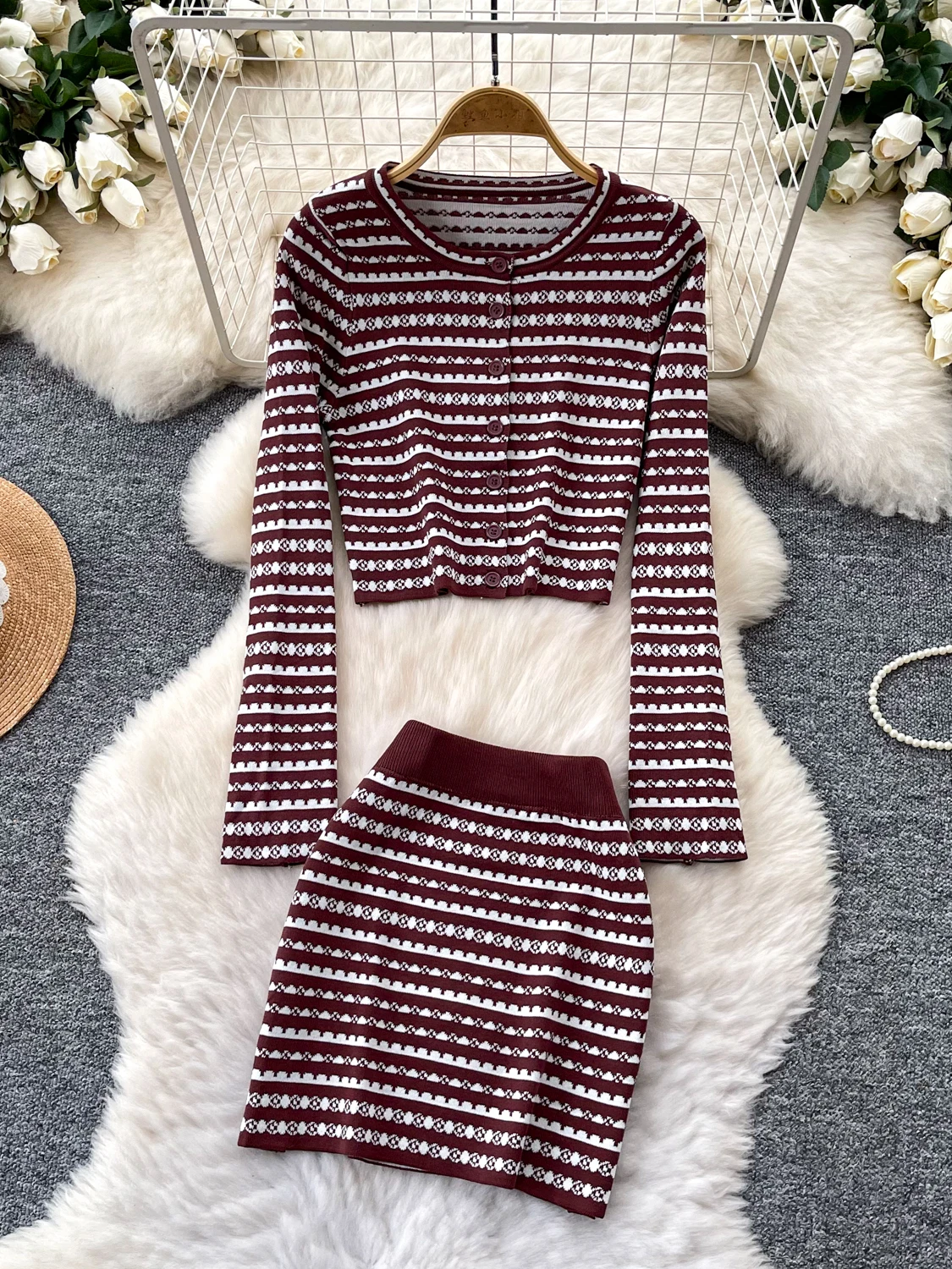 

Elegant Color Block Striped Knitted Cardigan And Short Skirt Two Piece Set for Women Spring Autumn Commute Style Fashionable ...