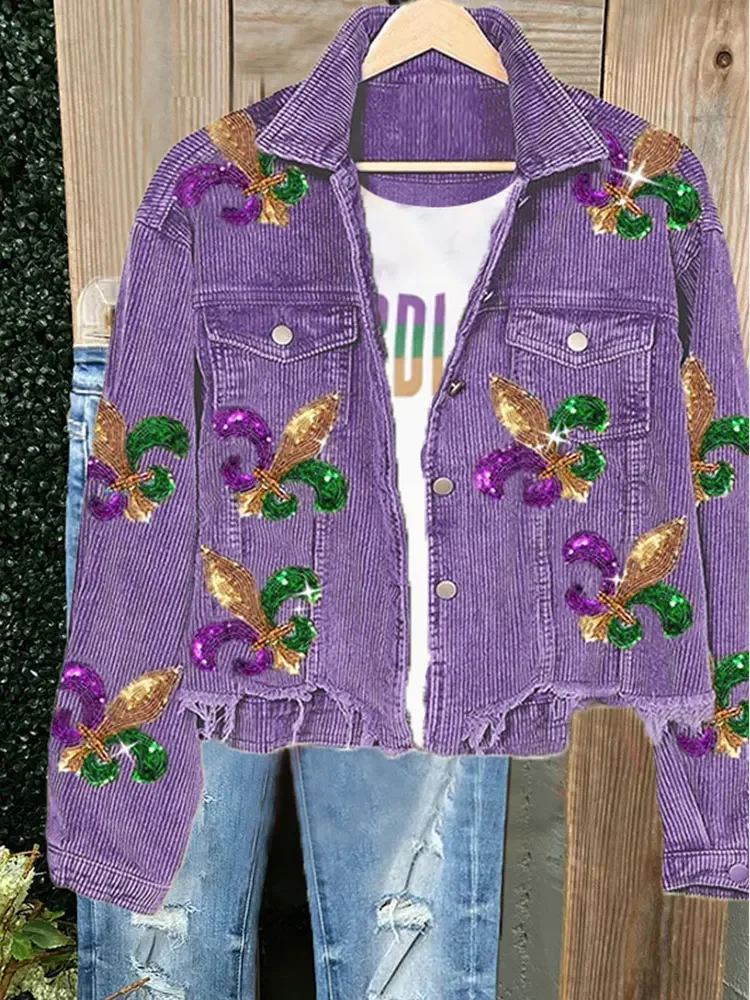 Mardi Gras Sequined  Jacket Mixed  Print Cartoon Sweatshirt Holiday Party Hoodies Crew Neck Long Sleeve Sweatshirts