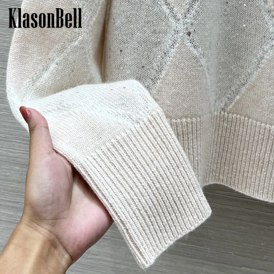 9.28 KlasonBell Fashion Bling Sequins Argyle Plaid Knitwear For Women Half High Collar Cashmere Keep Warm Loose Sweater