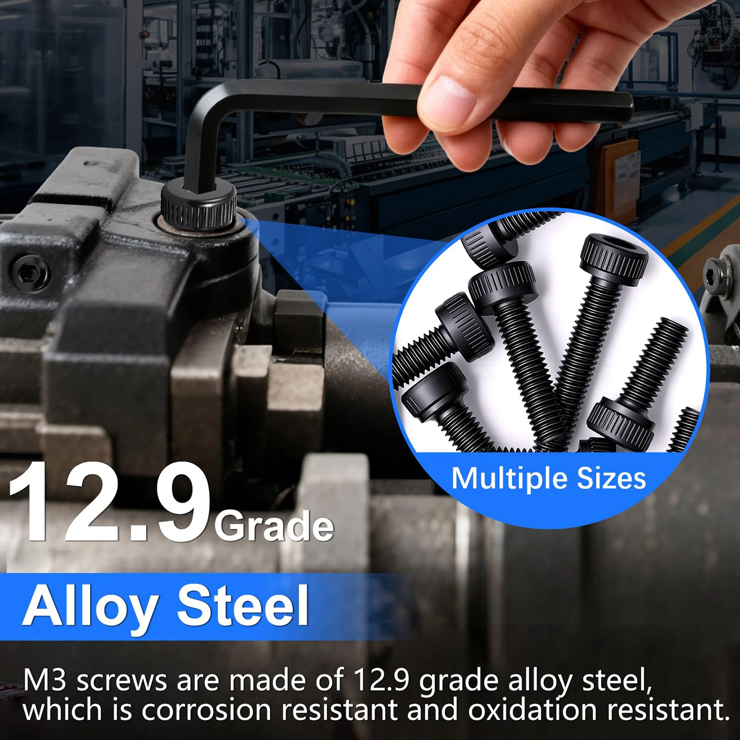1000-teiliges M3 Innensechskantschrauben-Set, Güteklasse 12.9, M3x6-30mm, schwarze Schrauben, Muttern und Unterlegscheiben, für Heimwerker und Reparaturen – Detail 5