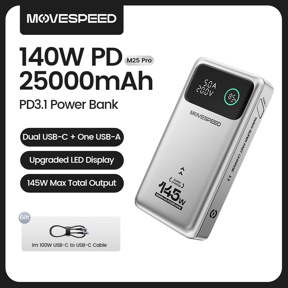 2025 M25Pro 140W Power Bank 25000mAh Type C Fast Charge Portable External Battery 100W PowerBank for iPhone MacBook Laptop