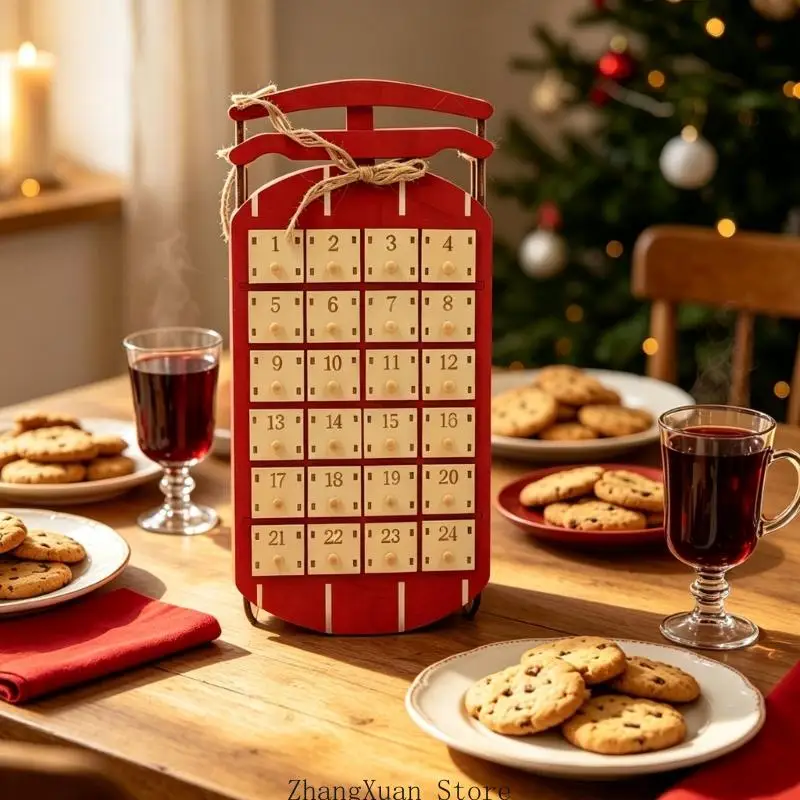 Freistehender oder hängender Schlitten-Adventskalender mit 24 nummerierten Fächern und Akzent für Zuhause, Klassenzimmer oder – Detail 3
