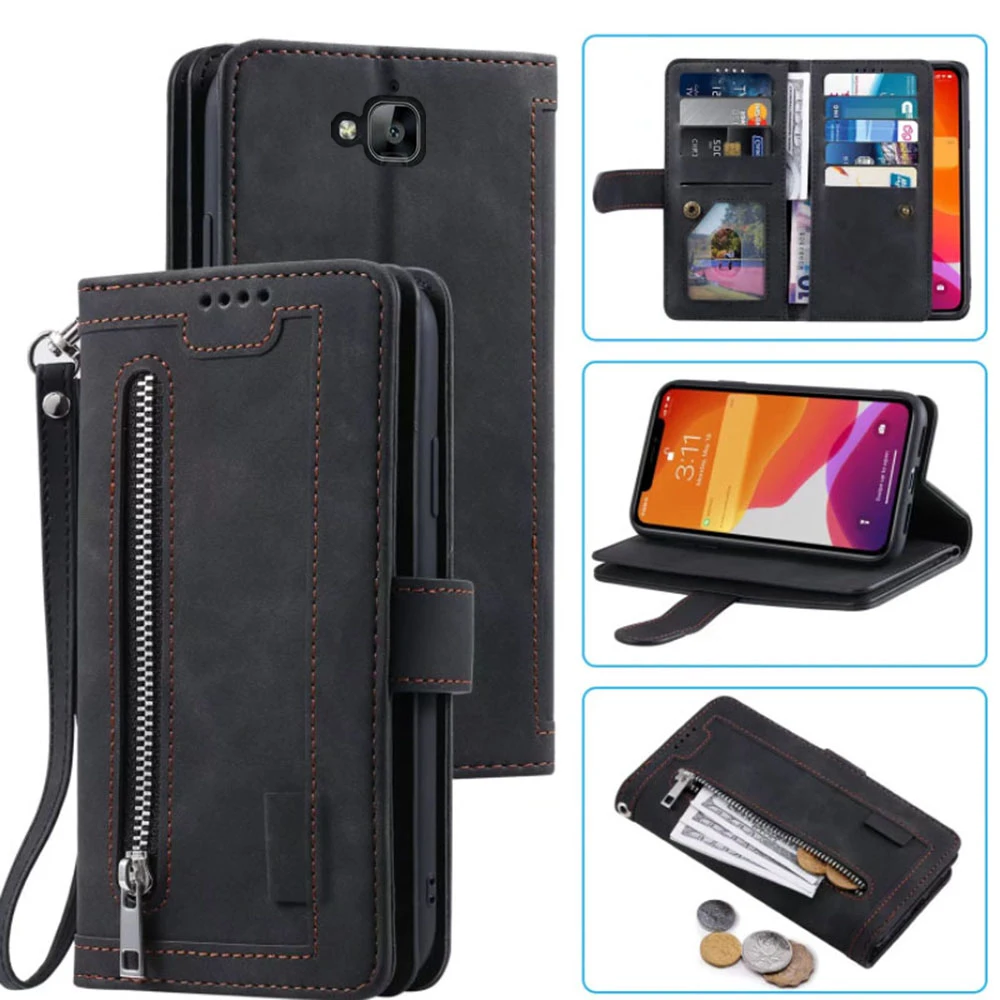 9 Cards Wallet Case for Huawei Y6 Pro Enjoy 5 Case Card Slot Zipper Flip Folio with Wrist Strap for Honor 4C Pro 5X Play