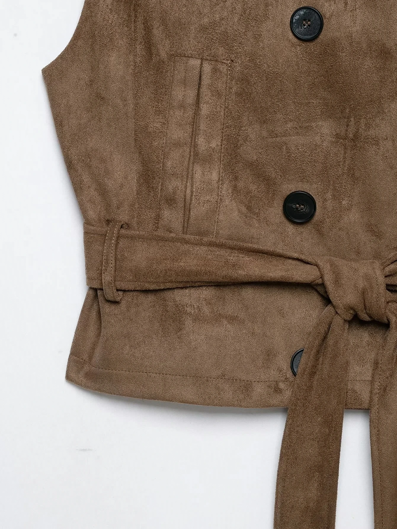 KONDALA Vintage Casual Chic Damen Wildlederweste Khaki Stehkragen Ärmellos Doppelreihig mit Taschen und Gürtel Modische Weste 2026 – Detail 5