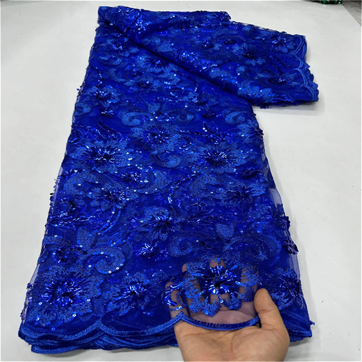 Royal Blue Luxury African Nigerian Net Lace Fabric High Quality Mesh French Sequins Tulle Sewing Fabric For Women Party Dress