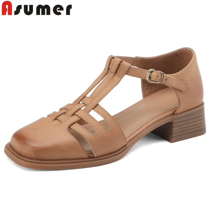 

ASUMER 2024 New Vintage Ladies Summer Shoes Buckle Genuine Leather Sandals Woman Square Med Heels Dress Sandals