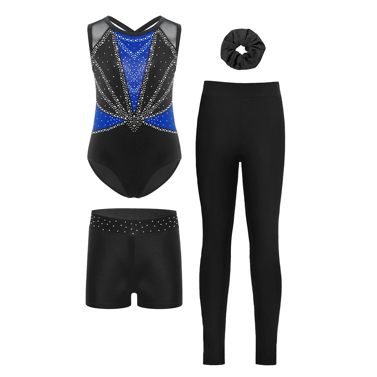 

Kids Girls Gymnastics Dance Ballerina Costume Sleeveless Rhinestones Metallic Ballet Leotard with Shorts Leggings and Hairband