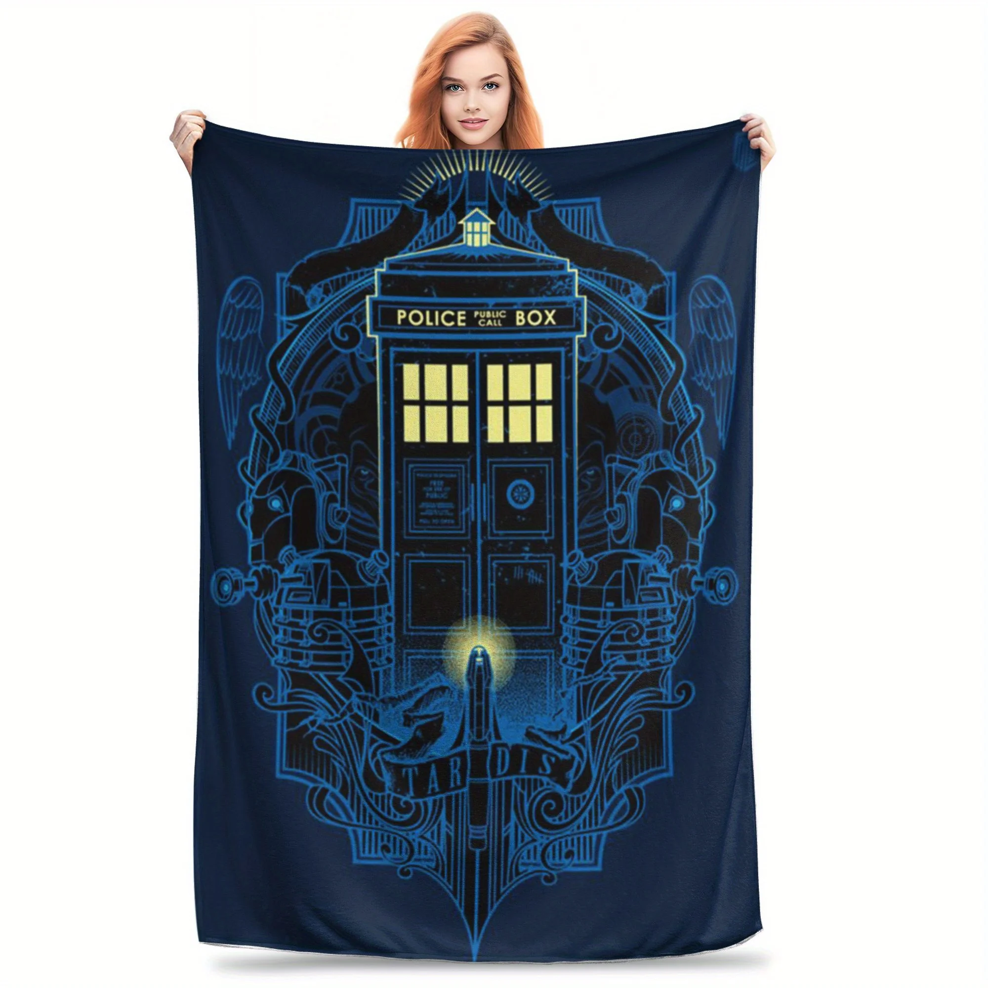 Zeitreisender Flanell-Überwurfdecke, weich, TARDIS, blaues Design, ganzjährig, gemütlicher Komfort als Doctor Who-Fan-Geschenk