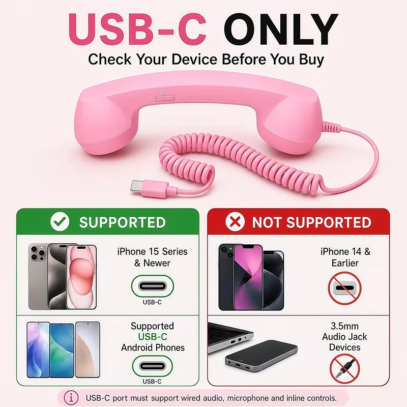 Type-C Retro Handset, Wired Telephone Receiver Vintage Mobile Phone Earpiece with C Port Voice Call for Smartphone Calling