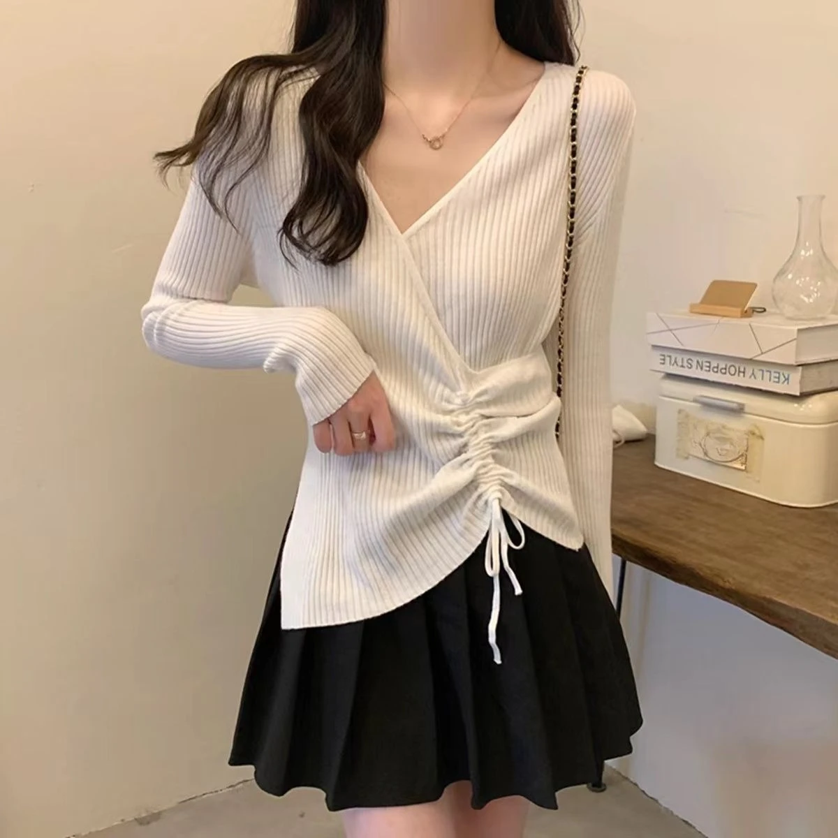 Women's Autumn Winter V Neck Long Sleeve Knit Top Slim Fit Drawstring Pullover Sweater Trendy Inner Wear
