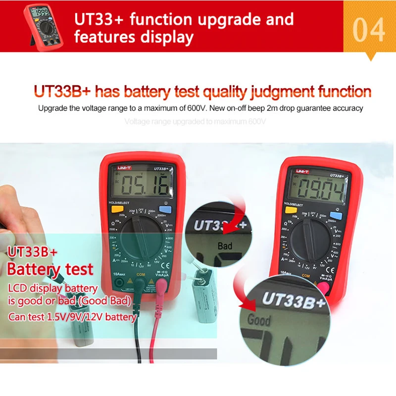 UNI-T UT33B+ Digital Multimeter Manual Range AC DC 200mV~600V Voltage Meter DC 10A Current Tester Resistance Meter