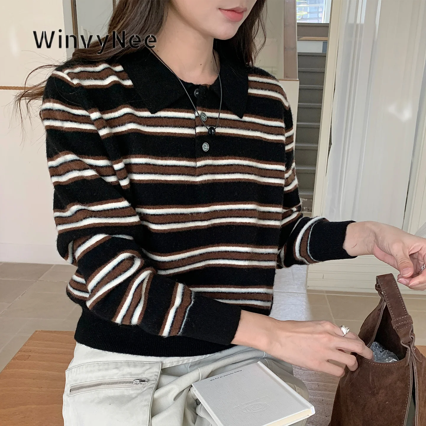 WinvyNee Women Rib Hem Knit Pullover 100% Wool Polo Collar Long Sleeve Sweater Autumn Classic Timeless Gentle Versatile A1523093