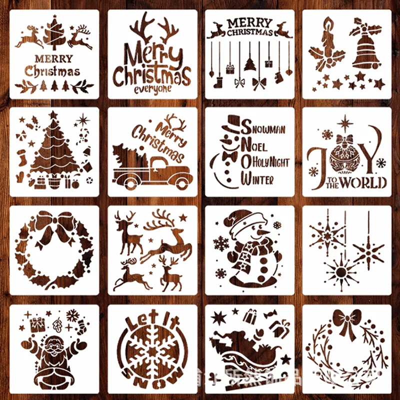 

16pcs Christmas Stencils DIY Layering Wall Scrapbooking Journal Coloring Embossing Furniture Floor Decoration Painting Template